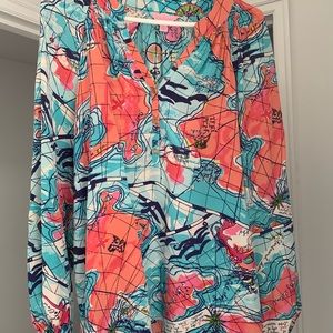 Lilly Pulitzer blouse with navy blue global maps